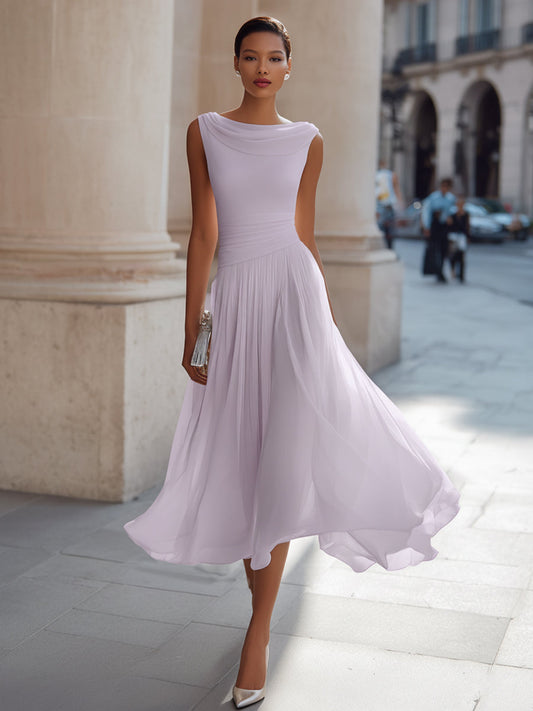 Alba Muse Draped Neck Sleeveless Pleated Midi Dress