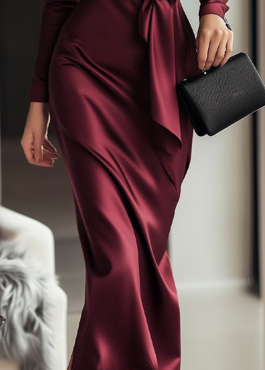 Alba Muse Long Sleeve Satin Wrap Dress Burgundy