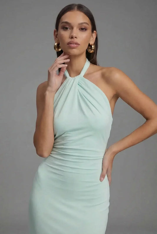 Alba Muse Satin Halter Neck Backless Ruched Maxi Dress