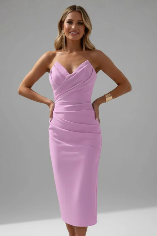 Alba Muse Strapless Sweetheart Ruched Midi Dress Wedding Guest