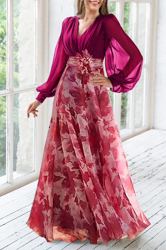 Alba Muse Floral V-Neck Balloon Sleeve Maxi Dress
