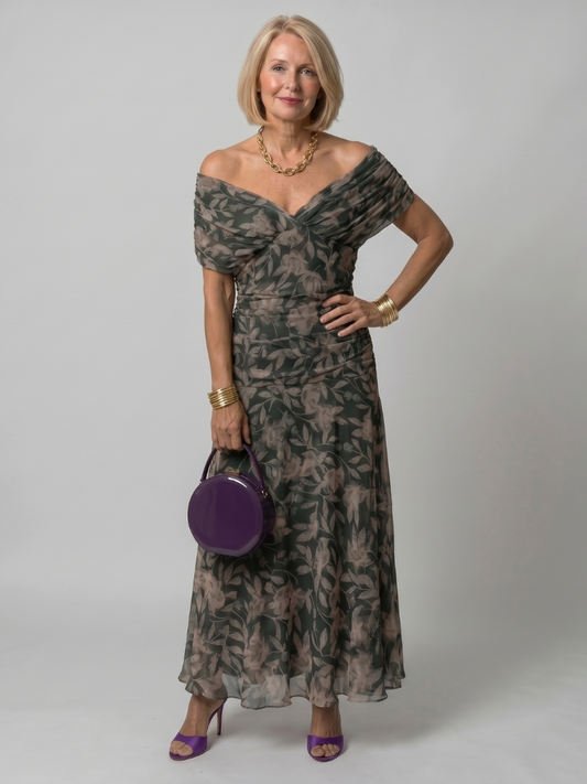 Alba Muse Off-Shoulder Draped Neckline Flared Midi Dress