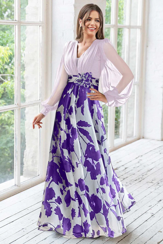 Alba Muse Floral V-Neck Balloon Sleeve Maxi Dress