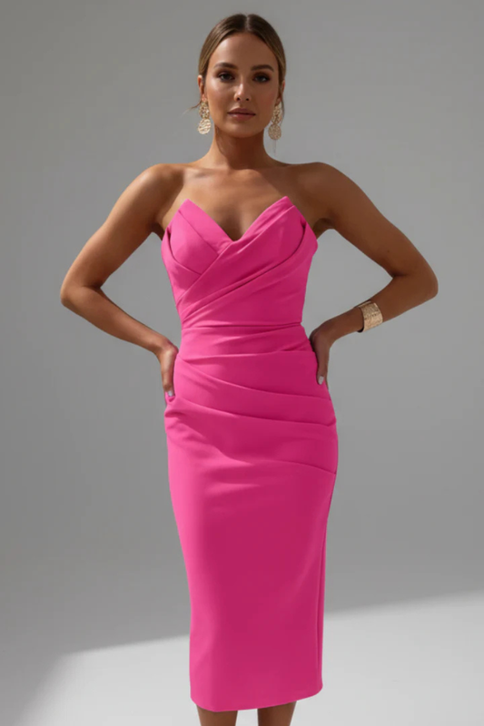 Alba Muse Strapless Sweetheart Ruched Midi Dress Wedding Guest