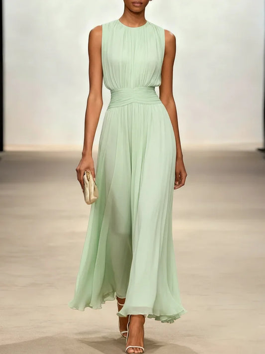 Alba Muse Sleeveless Ruched A-Line Chiffon Maxi Dress Wedding Guest