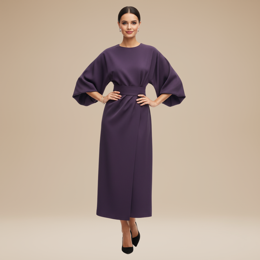 Alba Muse Wide Sleeve Midi Dress with Belt Wrap Style