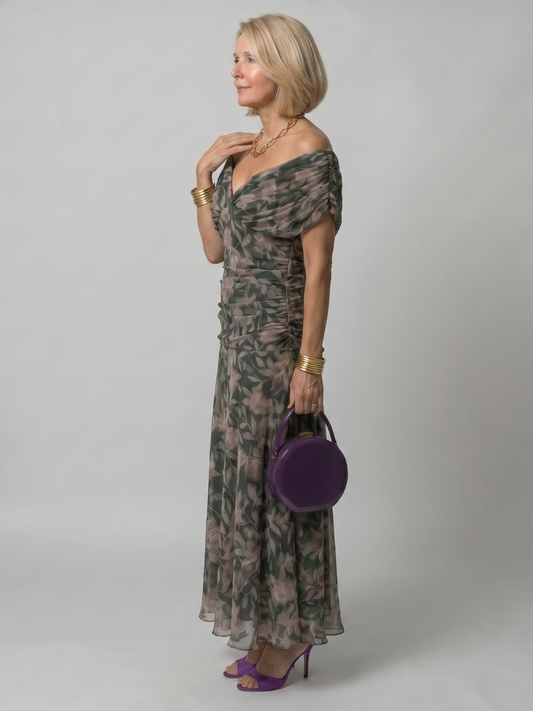 Alba Muse Off-Shoulder Draped Neckline Flared Midi Dress