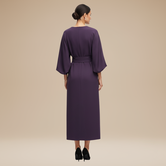 Alba Muse Wide Sleeve Midi Dress with Belt Wrap Style