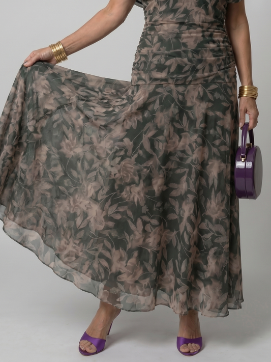 Alba Muse Off-Shoulder Draped Neckline Flared Midi Dress