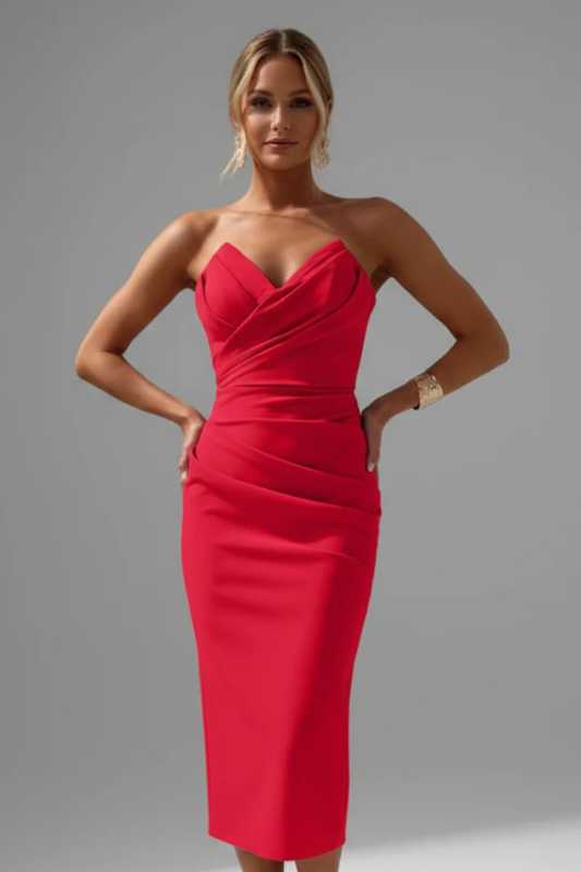Alba Muse Strapless Sweetheart Ruched Midi Dress Wedding Guest