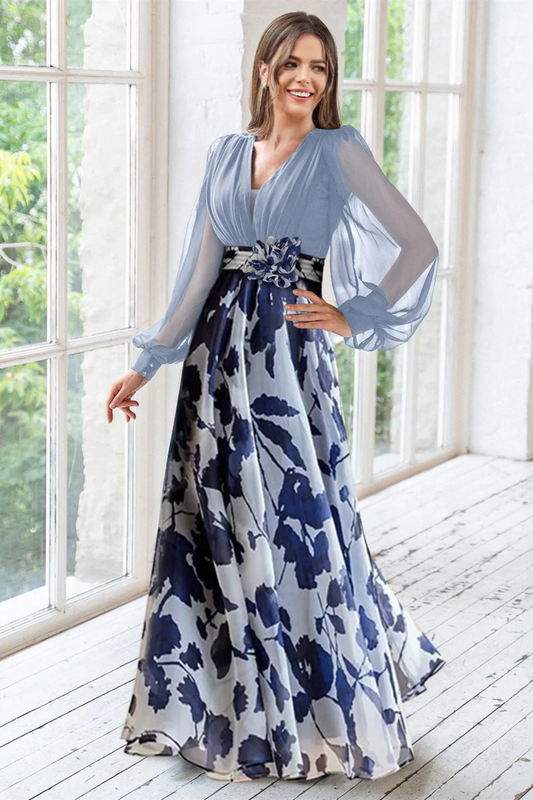 Alba Muse Floral V-Neck Balloon Sleeve Maxi Dress