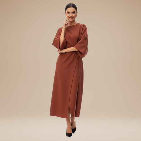 Alba Muse Wide Sleeve Midi Dress with Belt Wrap Style