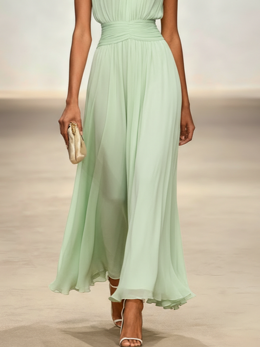 Alba Muse Sleeveless Ruched A-Line Chiffon Maxi Dress Wedding Guest