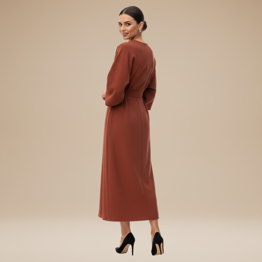 Alba Muse Wide Sleeve Midi Dress with Belt Wrap Style