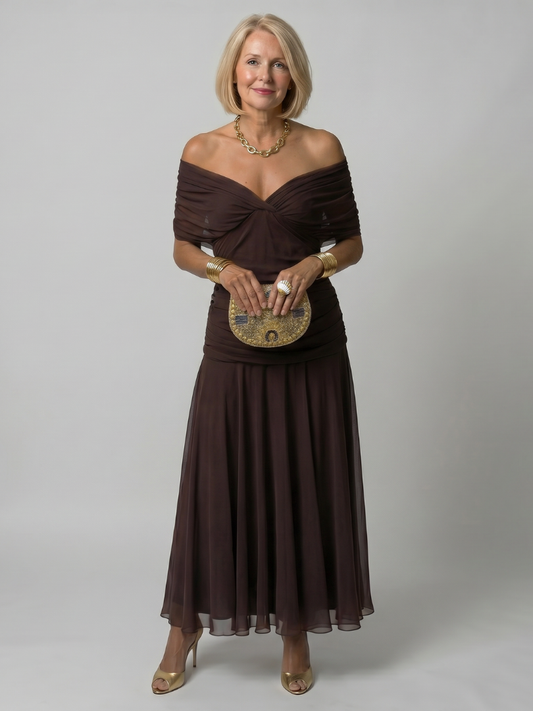 Alba Muse Off-Shoulder Draped Neckline Flared Midi Dress