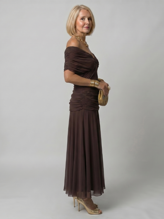 Alba Muse Off-Shoulder Draped Neckline Flared Midi Dress