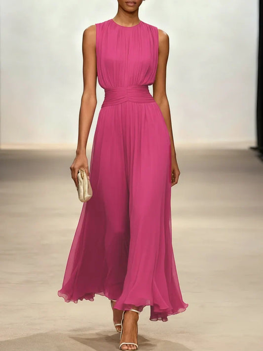 Alba Muse Sleeveless Ruched A-Line Chiffon Maxi Dress Wedding Guest