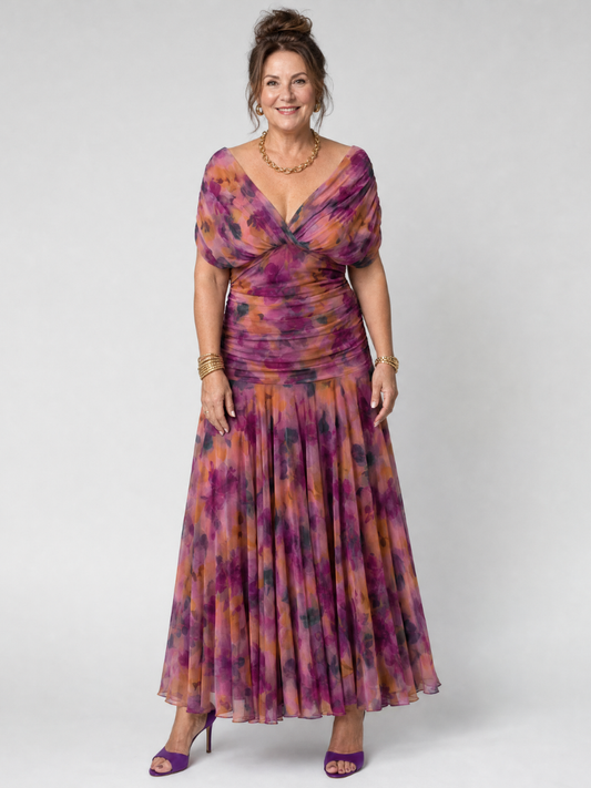 Alba Muse Off-Shoulder Draped Neckline Flared Midi Dress