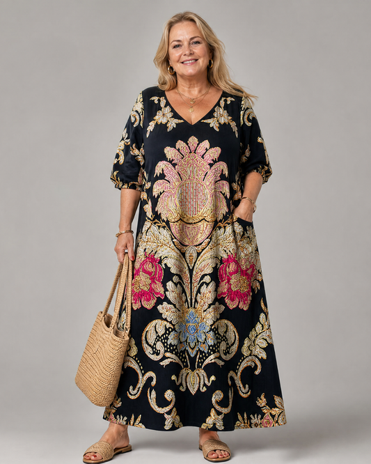 Evarose | Ornate Vintage Print Three Quarter Sleeve Midi Dress