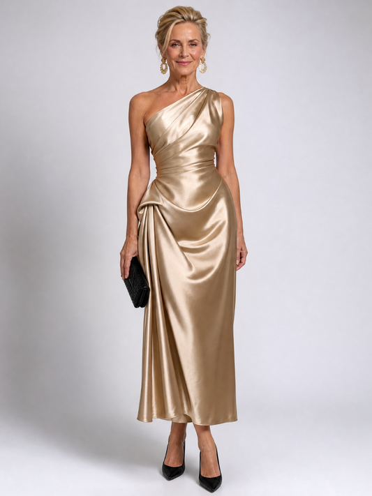 Zeima | One Shoulder Draped Satin Midi Dress