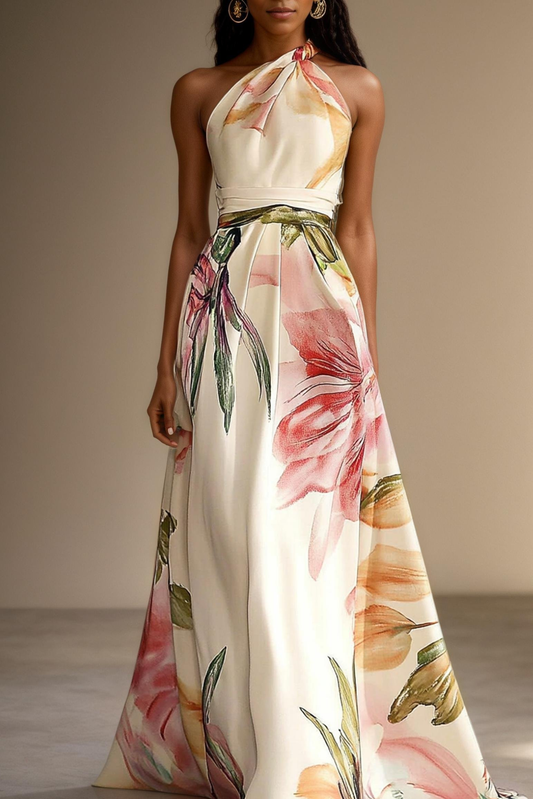 Alba Muse Floral Satin One-Shoulder Maxi Dress Wedding Guest