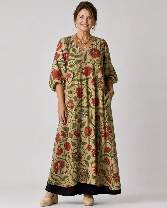 Rimla | Botanical Print Relaxed Three Quarter Sleeve Midi Dress