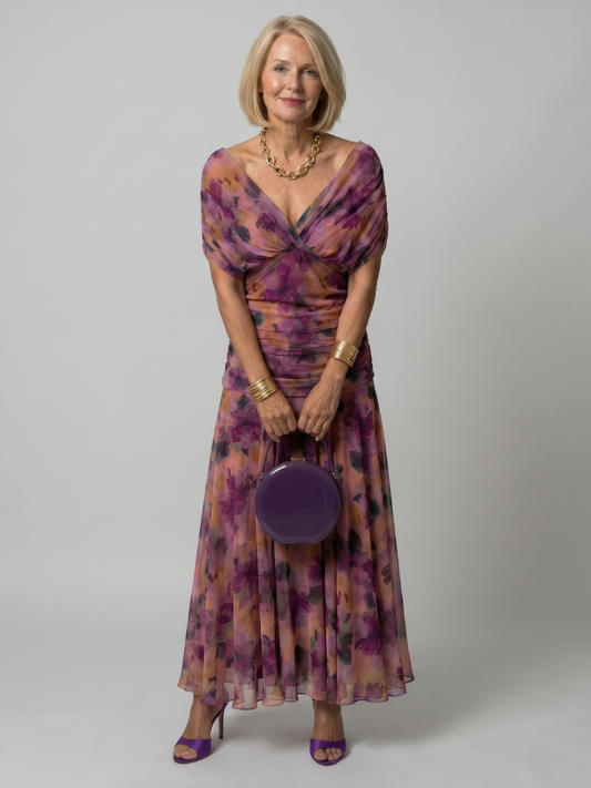 Alba Muse Off-Shoulder Draped Neckline Flared Midi Dress