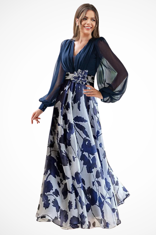 Alba Muse Floral V-Neck Balloon Sleeve Maxi Dress