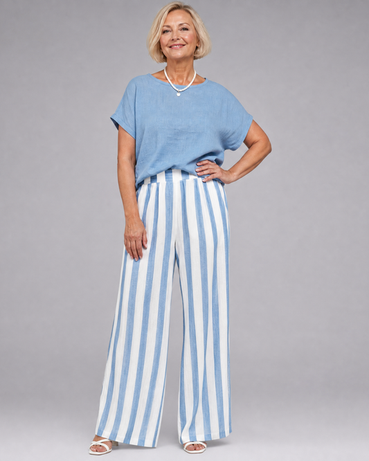 Miolna | Linen Blend Top And Striped Wide Leg Pants Set