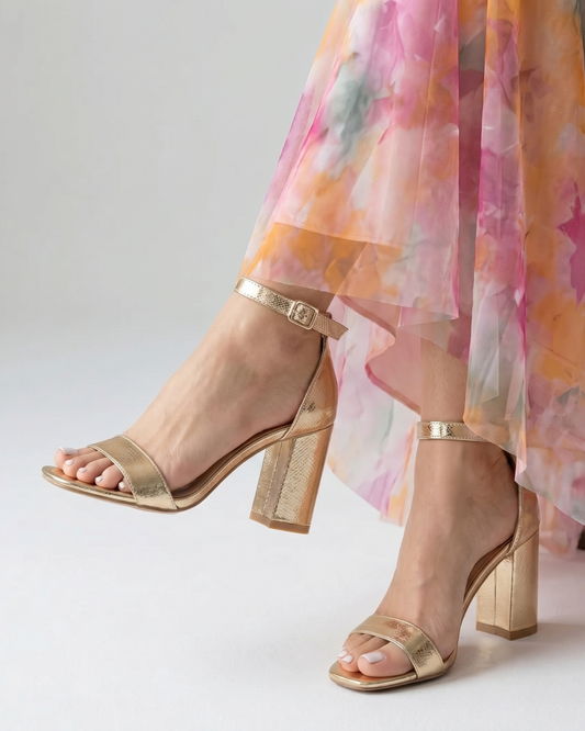 Calista | Metallic Ankle Strap Block Heel Sandals
