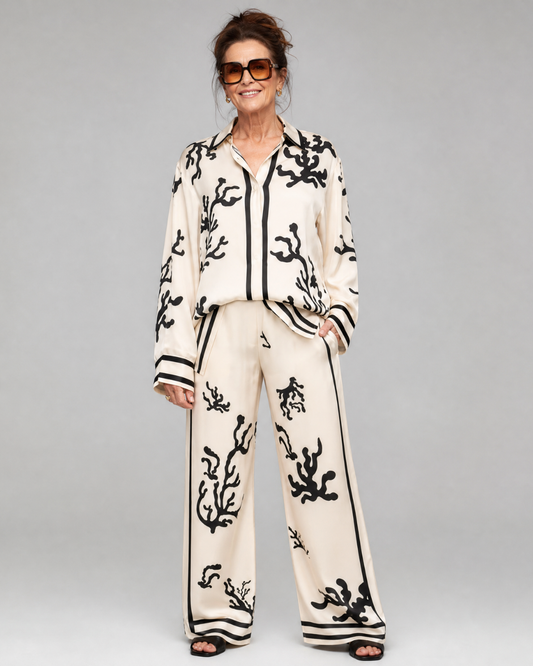 Omeni | Abstract Coastal Print Shirt And Wide Leg Pants Set