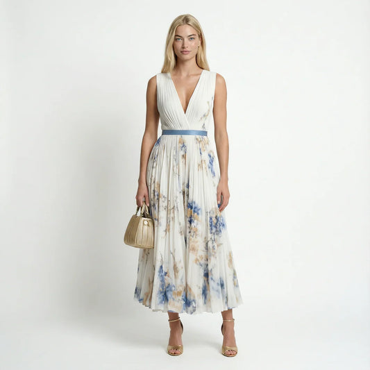 Alba Muse Maureen Floral Pleated Maxi Dress Sleeveless V-Neck White