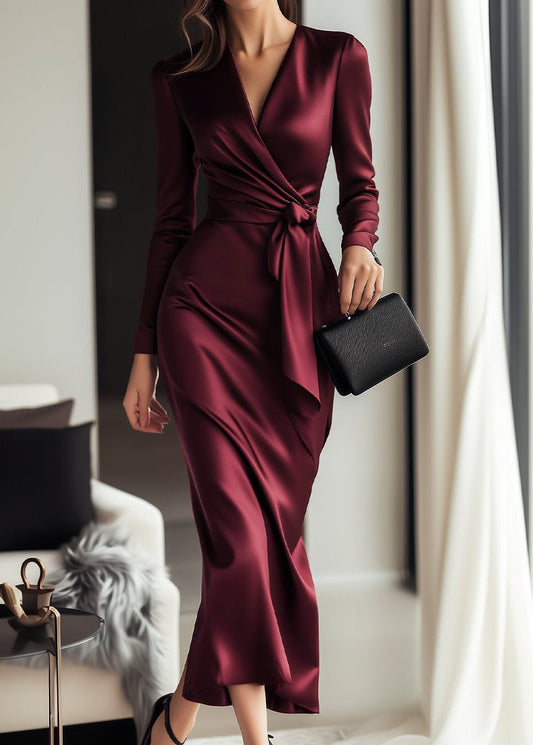 Alba Muse Long Sleeve Satin Wrap Dress Burgundy