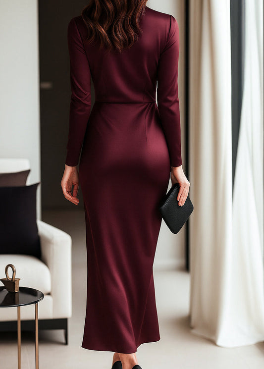 Alba Muse Long Sleeve Satin Wrap Dress Burgundy