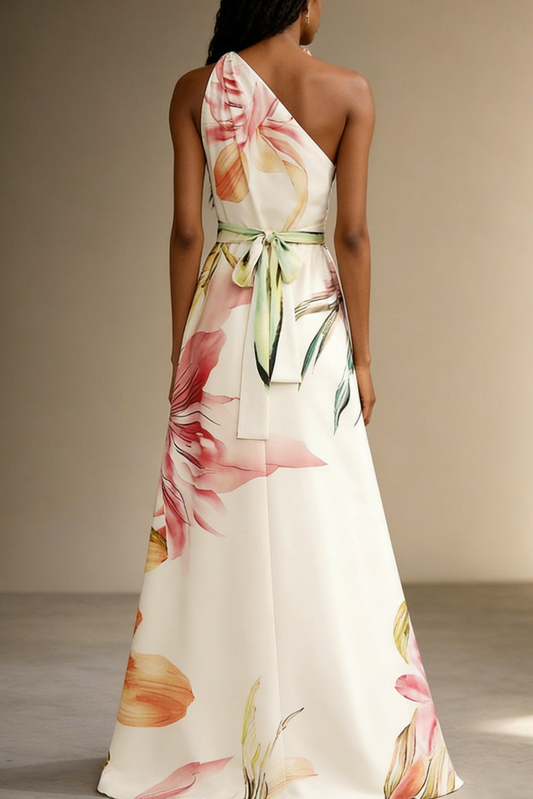 Alba Muse Floral Satin One-Shoulder Maxi Dress Wedding Guest