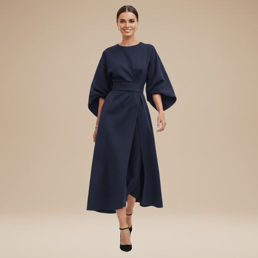 Alba Muse Wide Sleeve Midi Dress with Belt Wrap Style