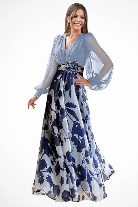 Alba Muse Floral V-Neck Balloon Sleeve Maxi Dress
