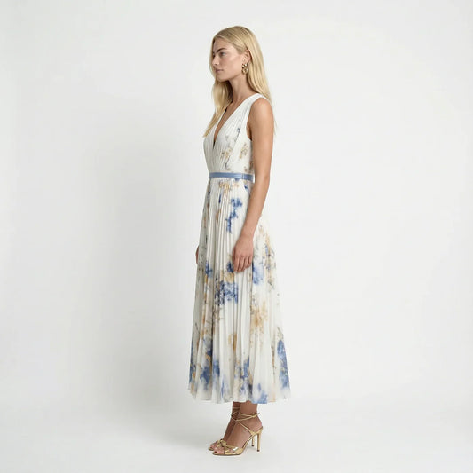 Alba Muse Maureen Floral Pleated Maxi Dress Sleeveless V-Neck White