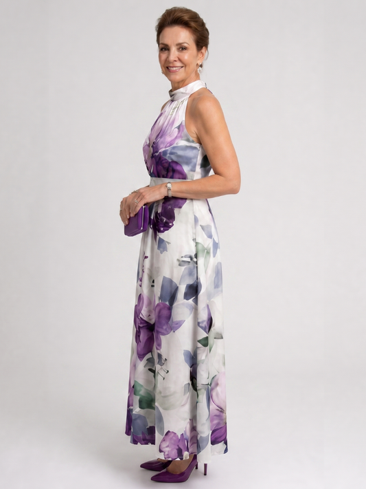 Omego | Soft Bloom Halter Neck Flowing Midi Dress