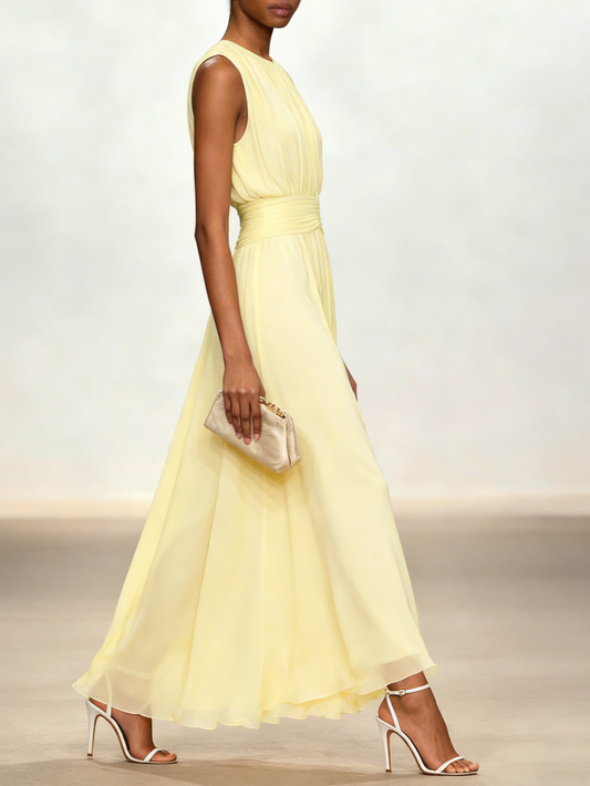 Alba Muse Sleeveless Ruched A-Line Chiffon Maxi Dress Wedding Guest
