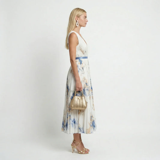Alba Muse Maureen Floral Pleated Maxi Dress Sleeveless V-Neck White