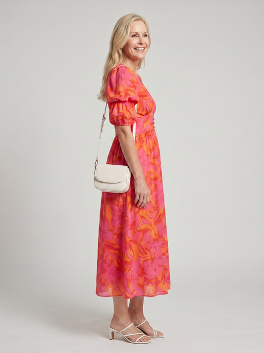Zarelle | Puff Sleeve V Neck Bold Floral Print Midi Dress