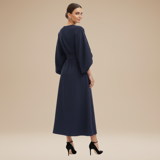 Alba Muse Wide Sleeve Midi Dress with Belt Wrap Style