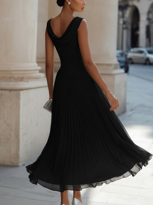 Alba Muse Draped Neck Sleeveless Pleated Midi Dress