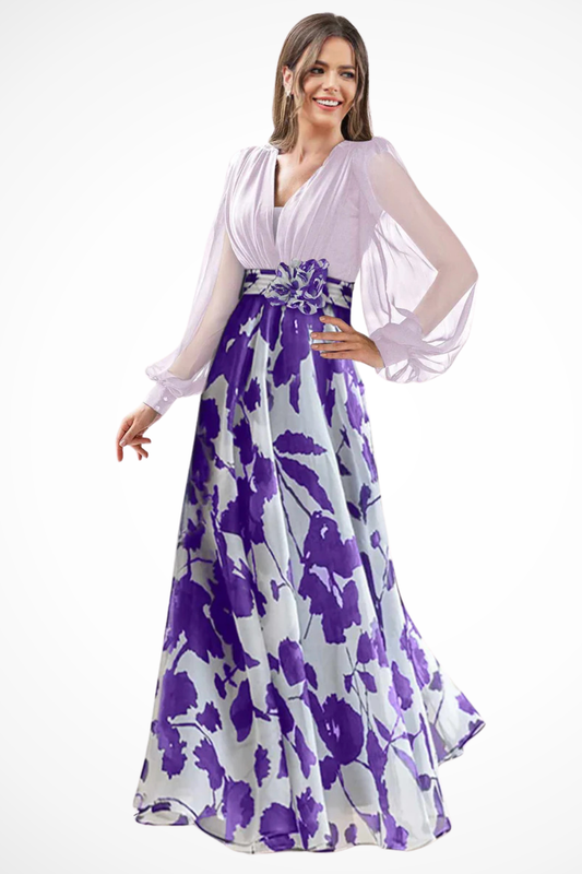 Alba Muse Floral V-Neck Balloon Sleeve Maxi Dress