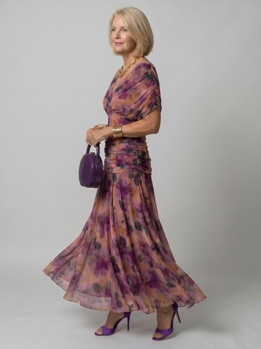 Alba Muse Off-Shoulder Draped Neckline Flared Midi Dress