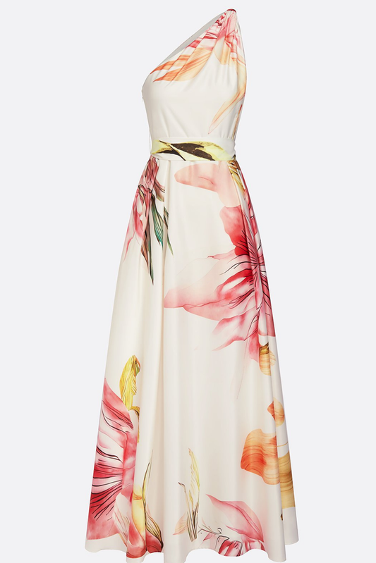Alba Muse Floral Satin One-Shoulder Maxi Dress Wedding Guest