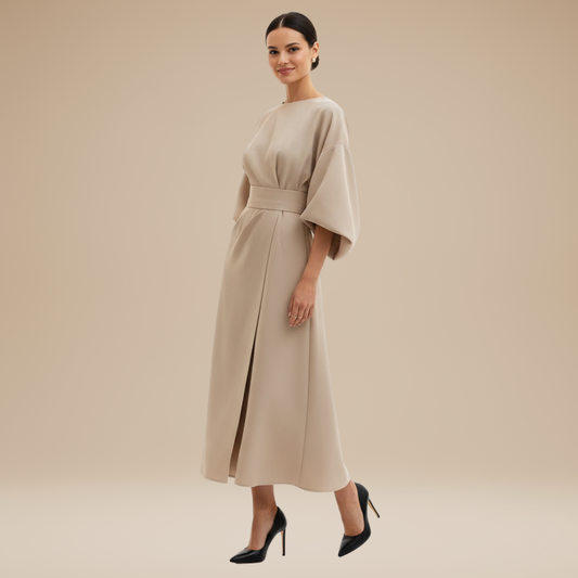 Alba Muse Wide Sleeve Midi Dress with Belt Wrap Style