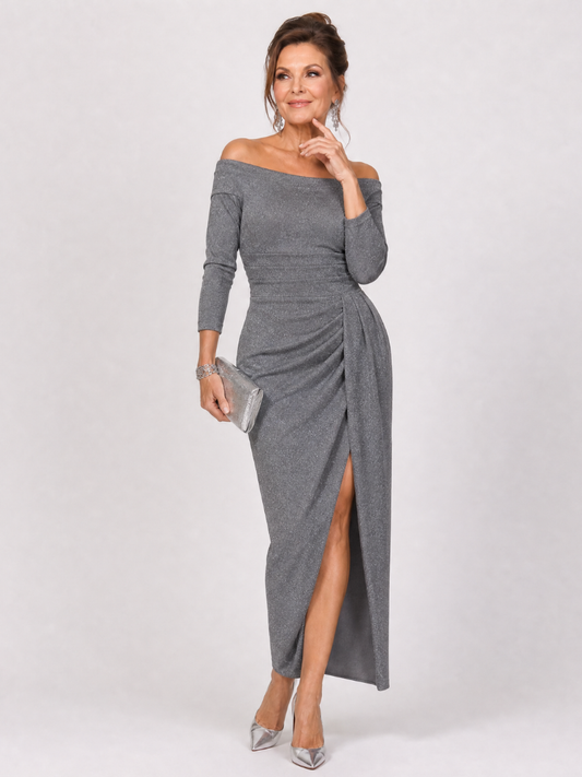 Tindra | Off Shoulder Ruched Slit Midi Dress