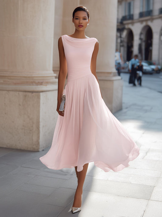Alba Muse Draped Neck Sleeveless Pleated Midi Dress